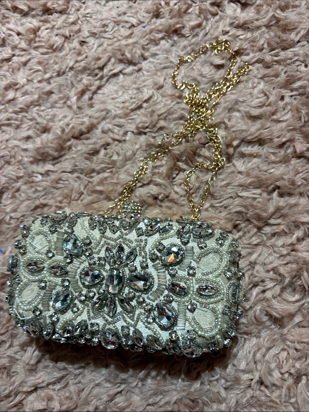Beaded Crystal Embellished Clutch - Ivory with Gold Chain